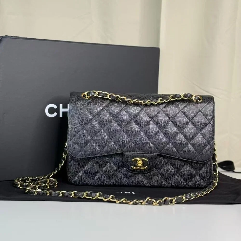 Chanel Black Caviar Jumbo Classic Flap Shoulder Bag with Gold Chain Strap - Picture 1 of 9